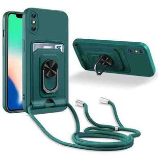 For iPhone X / XS Ring Kickstand Card Wallet TPU Phone Case with Lanyard(Night Green)