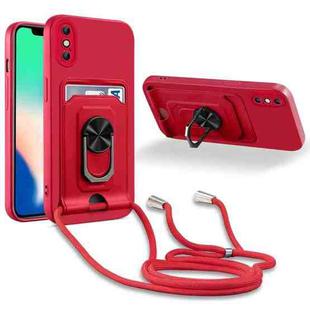 For iPhone X / XS Ring Kickstand Card Wallet TPU Phone Case with Lanyard(Red)