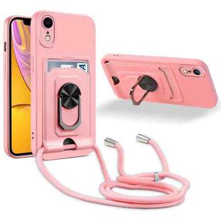 For iPhone XR Ring Kickstand Card Wallet TPU Phone Case with Lanyard(Pink)