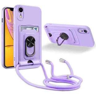 For iPhone XR Ring Kickstand Card Wallet TPU Phone Case with Lanyard(Purple)