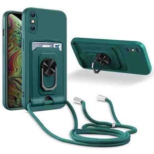 For iPhone XS Max Ring Kickstand Card Wallet TPU Phone Case with Lanyard(Night Green)