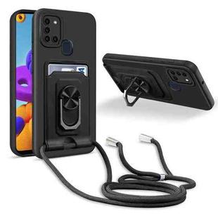 For Samsung Galaxy A21s Ring Kickstand Card Wallet TPU Phone Case with Lanyard(Black)