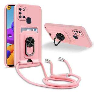 For Samsung Galaxy A21s Ring Kickstand Card Wallet TPU Phone Case with Lanyard(Pink)