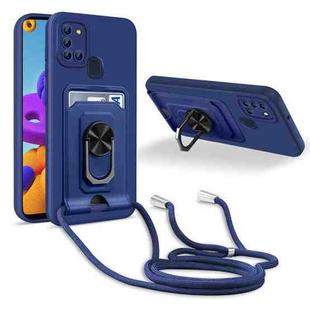 For Samsung Galaxy A21s Ring Kickstand Card Wallet TPU Phone Case with Lanyard(Blue)