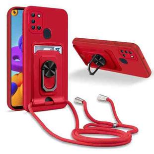 For Samsung Galaxy A21s Ring Kickstand Card Wallet TPU Phone Case with Lanyard(Red)