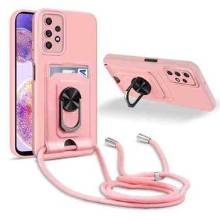For Samsung Galaxy A23 4G Ring Kickstand Card Wallet TPU Phone Case with Lanyard(Pink)