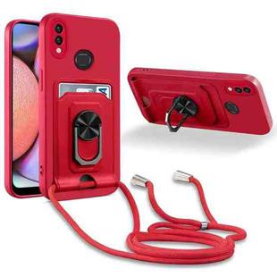 For Samsung Galaxy A10s Ring Kickstand Card Wallet TPU Phone Case with Lanyard(Red)