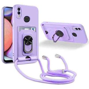 For Samsung Galaxy A10s Ring Kickstand Card Wallet TPU Phone Case with Lanyard(Purple)