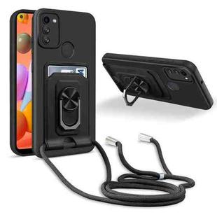 For Samsung Galaxy A11 Ring Kickstand Card Wallet TPU Phone Case with Lanyard(Black)
