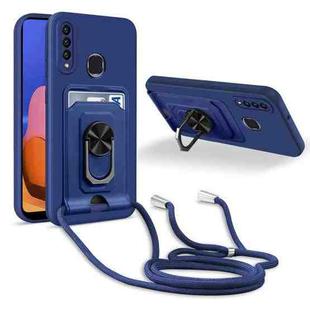 For Samsung Galaxy A20s Ring Kickstand Card Wallet TPU Phone Case with Lanyard(Blue)