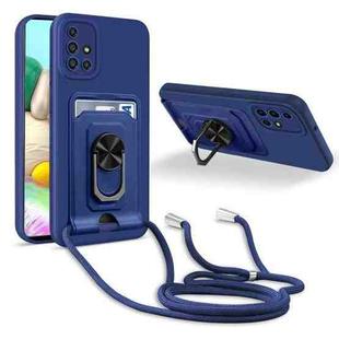 For Samsung Galaxy A71 4G Ring Kickstand Card Wallet TPU Phone Case with Lanyard(Blue)