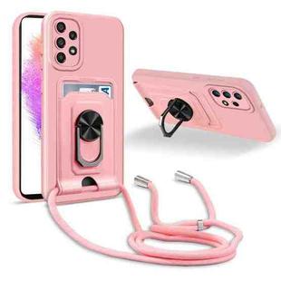 For Samsung Galaxy A73 5G Ring Kickstand Card Wallet TPU Phone Case with Lanyard(Pink)