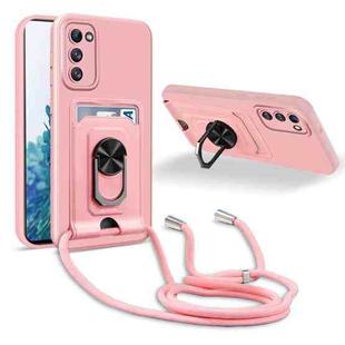 For Samsung Galaxy S20 FE Ring Kickstand Card Wallet TPU Phone Case with Lanyard(Pink)
