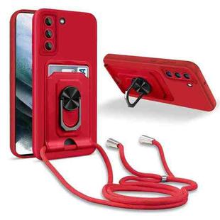 For Samsung Galaxy S21 Ring Kickstand Card Wallet TPU Phone Case with Lanyard(Red)