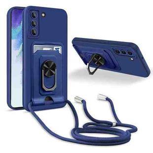 For Samsung Galaxy S21 FE Ring Kickstand Card Wallet TPU Phone Case with Lanyard(Blue)
