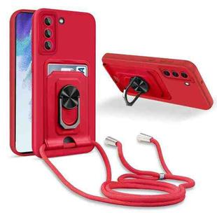 For Samsung Galaxy S21 FE Ring Kickstand Card Wallet TPU Phone Case with Lanyard(Red)
