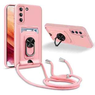For Samsung Galaxy S21+ Ring Kickstand Card Wallet TPU Phone Case with Lanyard(Pink)
