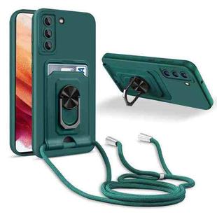 For Samsung Galaxy S21+ Ring Kickstand Card Wallet TPU Phone Case with Lanyard(Night Green)