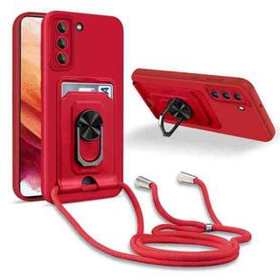 For Samsung Galaxy S21+ Ring Kickstand Card Wallet TPU Phone Case with Lanyard(Red)