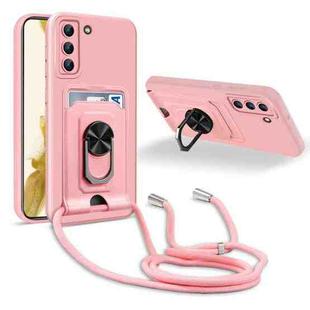 For Samsung Galaxy S22 5G Ring Kickstand Card Wallet TPU Phone Case with Lanyard(Pink)