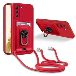 For Samsung Galaxy S22 5G Ring Kickstand Card Wallet TPU Phone Case with Lanyard(Red)