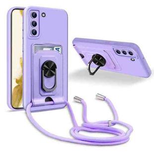 For Samsung Galaxy S22 5G Ring Kickstand Card Wallet TPU Phone Case with Lanyard(Purple)