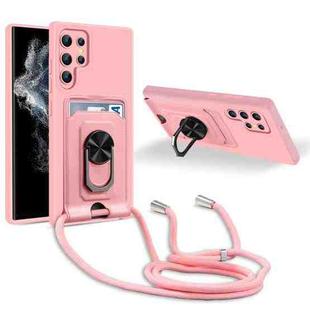 For Samsung Galaxy S22 Ultra 5G Ring Kickstand Card Wallet TPU Phone Case with Lanyard(Pink)