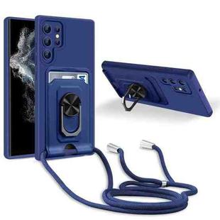 For Samsung Galaxy S22 Ultra 5G Ring Kickstand Card Wallet TPU Phone Case with Lanyard(Blue)