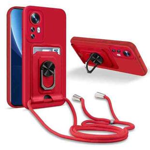 For Xiaomi 12 Ring Kickstand Card Wallet TPU Phone Case with Lanyard(Red)