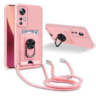 For Xiaomi 12 Pro Ring Kickstand Card Wallet TPU Phone Case with Lanyard(Pink)