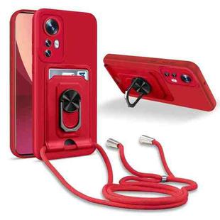 For Xiaomi 12 Pro Ring Kickstand Card Wallet TPU Phone Case with Lanyard(Red)