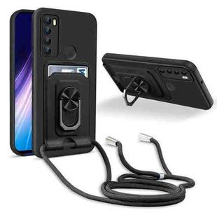 For Xiaomi Redmi Note 8 Ring Kickstand Card Wallet TPU Phone Case with Lanyard(Black)