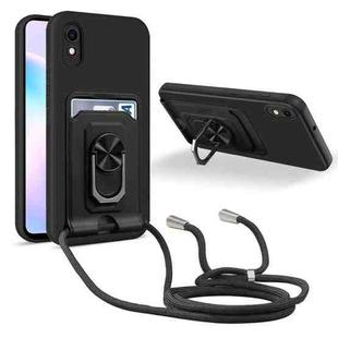 For Xiaomi Redmi 9A Ring Kickstand Card Wallet TPU Phone Case with Lanyard(Black)