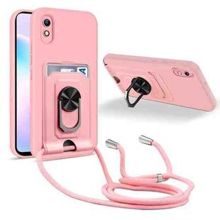 For Xiaomi Redmi 9A Ring Kickstand Card Wallet TPU Phone Case with Lanyard(Pink)