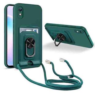 For Xiaomi Redmi 9A Ring Kickstand Card Wallet TPU Phone Case with Lanyard(Night Green)