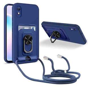 For Xiaomi Redmi 9A Ring Kickstand Card Wallet TPU Phone Case with Lanyard(Blue)
