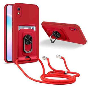 For Xiaomi Redmi 9A Ring Kickstand Card Wallet TPU Phone Case with Lanyard(Red)