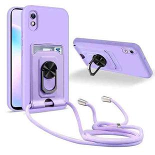 For Xiaomi Redmi 9A Ring Kickstand Card Wallet TPU Phone Case with Lanyard(Purple)