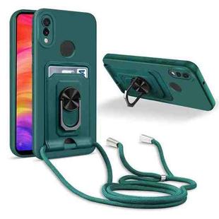 For Xiaomi Redmi Note 7 Ring Kickstand Card Wallet TPU Phone Case with Lanyard(Night Green)