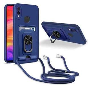 For Xiaomi Redmi Note 7 Ring Kickstand Card Wallet TPU Phone Case with Lanyard(Blue)