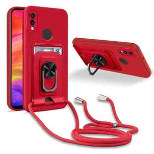 For Xiaomi Redmi Note 7 Ring Kickstand Card Wallet TPU Phone Case with Lanyard(Red)