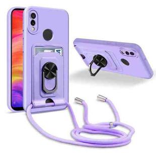 For Xiaomi Redmi Note 7 Ring Kickstand Card Wallet TPU Phone Case with Lanyard(Purple)