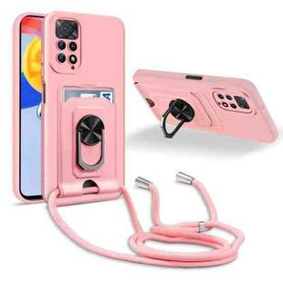 For Xiaomi Redmi Note 11 Pro 5G Global Ring Kickstand Card Wallet TPU Phone Case with Lanyard(Pink)