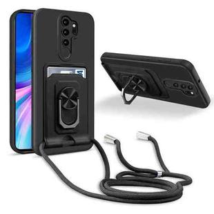 For Xiaomi Redmi Note 8 Pro Ring Kickstand Card Wallet TPU Phone Case with Lanyard(Black)