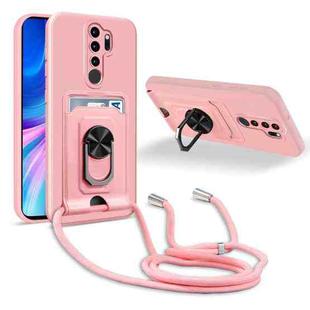 For Xiaomi Redmi Note 8 Pro Ring Kickstand Card Wallet TPU Phone Case with Lanyard(Pink)