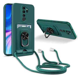 For Xiaomi Redmi Note 8 Pro Ring Kickstand Card Wallet TPU Phone Case with Lanyard(Night Green)