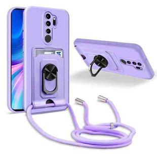 For Xiaomi Redmi Note 8 Pro Ring Kickstand Card Wallet TPU Phone Case with Lanyard(Purple)