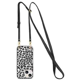 For iPhone 14 Crossbody Lanyard Leather Phone Case (White Leopard Texture)