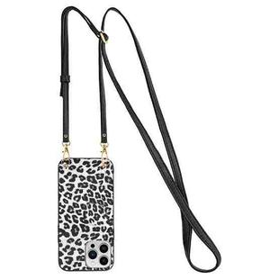 For iPhone 14 Pro Crossbody Lanyard Leather Phone Case(White Leopard Texture)