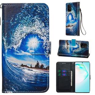 For Galaxy M80s Colored Drawing Pattern Plain Weave Horizontal Flip Leather Case with Holder & Card Slot & Wallet&Lanyard(Ocean waves and sun)